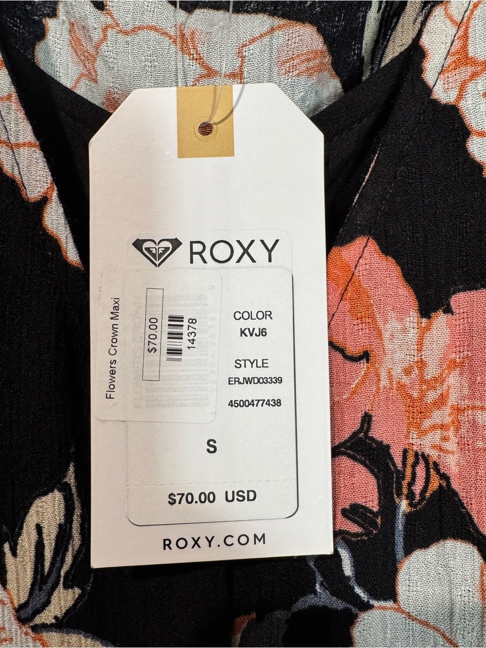 Roxy Black Floral High-Low Maxi Dress with Peach Blooms and black romper under. - Picture 2 of 8